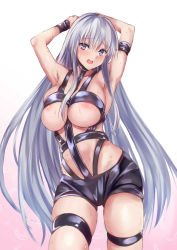Rule 34 | 1girl, absurdres, areola slip, arm strap, armpits, arms up, azur lane, blush, bondage outfit, breasts, enterprise (azur lane), frown, hair between eyes, hands on own head, highres, hot limit, large breasts, long hair, looking at viewer, open mouth, purple eyes, revealing clothes, silver hair, skindentation, solo, t.m.revolution, uchida shou, underboob, very long hair