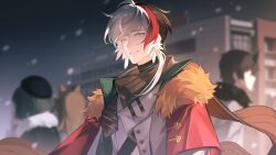 Rule 34 | 1boy, 3others, arknights, black hair, blurry, blurry background, brown scarf, building, capelet, chinese commentary, commentary request, elysium (arknights), elysium (snowy echo) (arknights), fengtu ad, fur-trimmed capelet, fur trim, highres, jacket, looking at viewer, male focus, multicolored hair, multiple others, official alternate costume, parted lips, red capelet, red hair, scarf, short hair, smile, snowing, solo focus, streaked hair, white eyes, white hair, white jacket