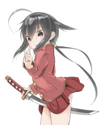 Rule 34 | 1girl, ahoge, aruma (sawayaka tokuko miruku), between legs, black hair, blush, chestnut mouth, commentary request, cowboy shot, from side, hair between eyes, hair flaps, holding, holding sword, holding weapon, huge ahoge, index finger raised, jacket, jitome, katana, long hair, long sleeves, looking at viewer, looking to the side, low ponytail, original, outstretched arm, panties, panty peek, parted lips, pleated skirt, red eyes, red jacket, red skirt, sidelocks, simple background, skirt, solo, standing, sword, underwear, very long hair, weapon, white background, white panties