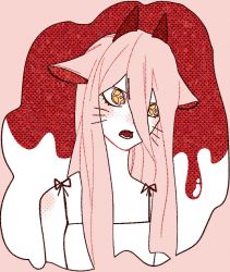 Rule 34 | 1girl, animal ears, cat ears, cat girl, chainsaw man, eyelashes, fang, fangs, hair between eyes, horns, long hair, open mouth, pink hair, power (chainsaw man), sa1men, solo, tank top, teeth, unusual pupils, whiskers, yellow eyes