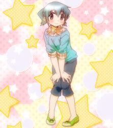 Rule 34 | 1girl, blue pants, blush, closed mouth, dot nose, female focus, full body, green hair, hands on own knees, hidamari sketch, highres, medium hair, no socks, nori (hidamari sketch), pants, shoes, solo, standing, star (symbol), stitched, third-party edit