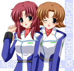 Rule 34 | 00s, 2girls, :d, ;d, arm up, belt, blue eyes, blush, brown hair, character name, chisato (missing park), english text, gundam, gundam seed, gundam seed destiny, hand on shoulder, long hair, looking at viewer, lowres, meyrin hawke, miriallia haw, multiple girls, one eye closed, open mouth, parted bangs, red hair, short hair, sidelocks, simple background, smile, turtleneck, uniform, upper body, white background