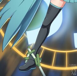 Rule 34 | 1girl, aqua hair, artist logo, black thighhighs, boots, chain, chained, close-up, commentary, dated, digiral, english commentary, exodia the forbidden one, glowing, hatsune miku, highres, long hair, magic circle, miniskirt, out of frame, parody, piano print, pleated skirt, skindentation, skirt, solo, spring onion, thigh boots, thighhighs, very long hair, vocaloid, yu-gi-oh!, zettai ryouiki
