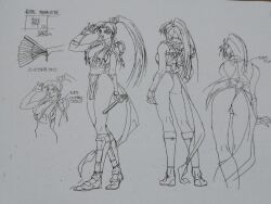 Rule 34 | 1990s (style), ass, breasts, character sheet, cleavage, fan, fatal fury, kunoichi, large breasts, medium breasts, monochrome, oobari masami, ponytail, production art, retro artstyle, settei, shiranui mai, sideboob, snk, studio g1, the king of fighters, thong