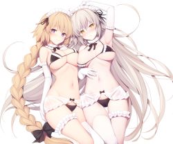 Rule 34 | 2girls, ahoge, arm up, asymmetrical docking, black bow, black bra, black panties, blonde hair, blush, bow, bra, braid, breast press, breast suppress, breasts, bridal garter, cleavage, closed mouth, detached collar, elbow gloves, fate/apocrypha, fate/grand order, fate (series), frilled gloves, frills, gloves, hair bow, hand on own stomach, hand on own thigh, jeanne d&#039;arc (fate), jeanne d&#039;arc (ruler) (fate), jeanne d&#039;arc alter (avenger) (fate), jeanne d&#039;arc alter (fate), large breasts, long hair, looking at viewer, lying, maid headdress, miko (royal milk), multiple girls, navel, on back, panties, purple eyes, sidelocks, silver hair, simple background, single braid, single thighhigh, smile, stomach, thighhighs, underwear, very long hair, white background, white gloves, white legwear, yellow eyes