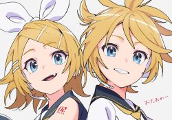 Rule 34 | 1boy, 1girl, ahoge, androgynous, back-to-back, bare shoulders, blonde hair, blue eyes, bow, brother and sister, fang, grin, hair bow, hair ornament, hairclip, headphones, headset, kagamine len, kagamine rin, looking at viewer, necktie, number tattoo, open mouth, parted bangs, sailor collar, sawashi (ur-sawasi), shirt, short ponytail, shoulder tattoo, siblings, sleeveless, sleeveless shirt, smile, tattoo, twins, vocaloid, white bow, yellow necktie