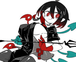 Rule 34 | 1girl, asymmetrical wings, black dress, black hair, black thighhighs, blue gloves, blue wings, blush, closed mouth, dress, gloves, hair between eyes, highres, houjuu nue, massakasama, polearm, red eyes, red gloves, red wings, short hair, short sleeves, simple background, smile, solo, thighhighs, tongue, tongue out, touhou, trident, weapon, white background, wings