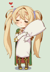 Rule 34 | 1girl, blonde hair, body pillow, boots, cape, chibi, closed eyes, detached collar, elf, full body, gloves, green cape, hair ornament, heart, holding, holding pillow, kink (tortoiseshell), long hair, original, pillow, pointy ears, simple background, smile, solo, towako (akane shinsha), twintails, very long hair, white gloves