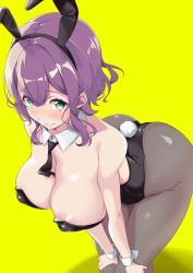 Rule 34 | 163 (shiromeshi), 1girl, animal ears, areola slip, bent over, between breasts, black hairband, black leotard, black necktie, black pantyhose, blush, breasts, cleavage, closed mouth, commentary, covered erect nipples, d4dj, detached collar, embarrassed, eyes visible through hair, fake animal ears, fake tail, feet out of frame, fishnet pantyhose, fishnets, green eyes, hair between eyes, hairband, hands on own knees, hidaka saori, highleg, highleg leotard, highres, large breasts, leaning forward, leotard, looking at viewer, medium hair, necktie, necktie between breasts, paid reward available, pantyhose, playboy bunny, purple hair, rabbit ears, rabbit tail, sidelocks, simple background, solo, standing, strapless, strapless leotard, tail, wing collar, wrist cuffs, yellow background