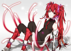 Rule 34 | 1girl, alternate color, alternate hair color, arisaka ako, bad id, bad pixiv id, bodysuit, boots, elbow gloves, female focus, gloves, gradient background, hatsune miku, headphones, headset, long hair, red eyes, red hair, sitting, smile, solo, twintails, vocaloid