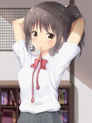 Rule 34 | 10s, 1girl, arms up, black hair, blurry, blush, book, bow, bowtie, brown eyes, collared shirt, depth of field, dust, grey skirt, hair tie, highres, indoors, kimi no na wa., long hair, miyamizu mitsuha, mouth hold, pleated skirt, ponytail, red bow, red bowtie, rong yi tan, shelf, shirt, short sleeves, skirt, solo, tareme, tying hair, wing collar