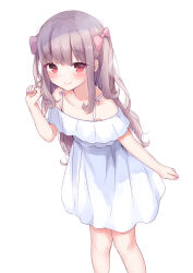 Rule 34 | 1girl, arm at side, bare shoulders, blush, bow, breasts, brown hair, clenched hand, closed mouth, collarbone, curly hair, dress, dress bow, eyelashes, feet out of frame, hair bow, hand in own hair, hand up, highres, index finger raised, leaning forward, long hair, looking at viewer, maka neko, mole, mole under eye, nail polish, off-shoulder dress, off shoulder, original, pink bow, pink nails, red eyes, short dress, sidelocks, simple background, small breasts, smile, solo, standing, two side up, white background, white dress
