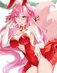 Rule 34 | 1girl, animal ears, bare shoulders, breasts, cleavage, commentary, covered navel, cowboy shot, elbow gloves, fake animal ears, fox ears, fox tail, genshin impact, gloves, hamonji, highres, large breasts, leotard, long hair, multiple tails, pink hair, purple eyes, rabbit ears, red leotard, solo, strapless, strapless leotard, tail, thighs, very long hair, white gloves, yae miko