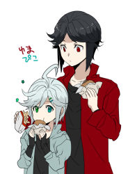 Rule 34 | 2boys, ahoge, blue eyes, character name, eating, eyelashes, food, french fries, green eyes, hair ornament, hairclip, burger, height difference, heterochromia, looking at another, male focus, mouri, multiple boys, open clothes, open shirt, shirt, simple background, utatane piko, vocaloid, vy2, white background
