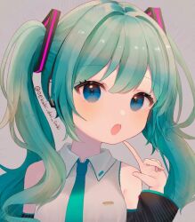 Rule 34 | 1girl, artist name, blue eyes, blue hair, blush, collared shirt, detached sleeves, finger to own chin, hair ornament, hatsune miku, headphones, index finger raised, long hair, long sleeves, looking at viewer, necktie, open mouth, shirt, sleeveless, sleeveless shirt, solo, suiren nei, twintails, upper body, vocaloid