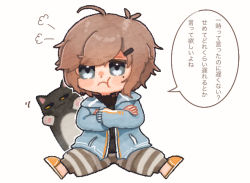 Rule 34 | 1boy, :t, ahoge, black shirt, blue jacket, brown hair, chibi, closed mouth, crossed arms, full body, grey eyes, hair ornament, hairclip, jacket, kanae (nijisanji), kiduta cielo, male focus, mole, mole under eye, nijisanji, open clothes, open jacket, orange footwear, pants, pout, roto (kanae), shirt, simple background, sitting, slippers, solo, striped clothes, striped pants, stuffed animal, stuffed cat, stuffed toy, translation request, virtual youtuber, white background