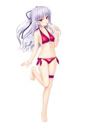 Rule 34 | 1girl, angel beats!, angel wings, barefoot, bikini, black ribbon, bow, breasts, covered erect nipples, feathered wings, floating hair, food, front-tie bikini top, front-tie top, full body, hair between eyes, hair ribbon, halterneck, highres, holding, holding food, long hair, na-ga, navel, official art, popsicle, red bikini, red bow, red eyes, ribbon, side-tie bikini bottom, sideboob, silver hair, simple background, small breasts, solo, standing, standing on one leg, swimsuit, tenshi (angel beats!), thigh strap, tongue, tongue out, very long hair, white background, white wings, wings