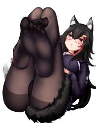 Rule 34 | :o, absurdres, animal ears, ass, bespectacled, black hair, black pantyhose, cameltoe, feet, foot focus, glasses, highres, hololive, hu sea, jacket, legs up, long sleeves, no shoes, ookami mio, ookami mio (casual), panties, panties under pantyhose, pantyhose, simple background, soles, solo, tail, tail wrap, toes, underwear, virtual youtuber, wolf ears, wolf tail, yellow eyes
