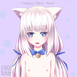 Rule 34 | 10s, 1girl, :d, angielaura, animal ears, artist name, bad id, bad pixiv id, bell, blue bow, blue bowtie, blue eyes, blue ribbon, blunt bangs, bow, bowtie, cat ears, commentary, fang, flat chest, hair ribbon, happy new year, heart, heart-shaped pupils, jingle bell, long hair, looking at viewer, low twintails, neck bell, nekopara, new year, nipples, nude, open mouth, purple background, ribbon, simple background, smile, solo, star (symbol), starry background, symbol-shaped pupils, twintails, upper body, vanilla (nekopara), white hair