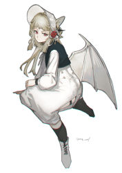 Rule 34 | 1girl, animal ears, black socks, black vest, bonnet, boots, braid, brown hair, closed mouth, commentary request, cross-laced footwear, dress, flower, full body, grey wings, highres, lace-up boots, long hair, long sleeves, looking at viewer, original, puffy long sleeves, puffy sleeves, red eyes, red flower, red rose, rose, signature, simple background, socks, solo, vest, watori re, white background, white dress, white footwear, white headwear, wings