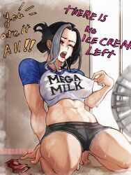 Rule 34 | 1girl, black hair, breasts, crop top, electric fan, highres, kneeling, large breasts, makdraw25, mega milk, midriff, multicolored hair, no bra, one eye closed, open mouth, original, red eyes, short shorts, shorts, solo, stomach, streaked hair, sweat, wet, wet clothes