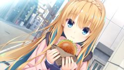 Rule 34 | 1girl, blonde hair, blue eyes, blue hair, braid, burger, closed mouth, colored inner hair, crown braid, eyes visible through hair, food, game cg, hands up, highres, holding, holding food, jacket, kido tsubasa, lettuce, long hair, looking at viewer, multicolored hair, muririn, outdoors, parquet (yuzusoft), pink jacket, road, smile, solo, street, two-tone hair, upper body