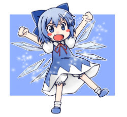 Rule 34 | 1girl, :d, arms up, bloomers, blue eyes, blue hair, blush stickers, cirno, fang, female focus, lowres, matching hair/eyes, open mouth, outstretched arms, short hair, sige, smile, solo, spread arms, embodiment of scarlet devil, touhou, underwear