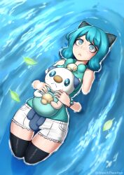 Rule 34 | 1girl, :&lt;, afloat, bare arms, bare shoulders, bead bracelet, beads, black thighhighs, blue eyes, blue hair, blue nails, borrowed character, bracelet, commentary, commission, cone hair bun, creatures (company), cutoffs, day, english commentary, freckles, frenchthenhen, from above, game freak, gen 5 pokemon, hair bun, highres, jewelry, leaf, leaf on liquid, looking up, nail polish, nintendo, original, oshawott, outdoors, pokemon, pokemon (creature), ripples, shirt, short shorts, shorts, sleeveless, sleeveless shirt, solo, thigh gap, thighhighs, water, white shorts