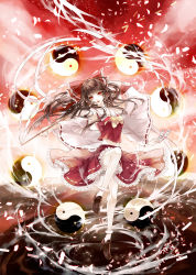 Rule 34 | 1girl, album cover, bow, brown hair, cover, detached sleeves, glowing, glowing petals, gohei, hair bow, hair tubes, hakurei reimu, highres, laruha, leg up, long hair, long sleeves, looking at viewer, midriff, navel, open mouth, petals, red eyes, shirt, skirt, skirt set, solo, spell card, standing, standing on one leg, touhou, wide sleeves, yin yang