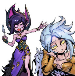 Rule 34 | 2girls, armor, bare arms, bare shoulders, breastplate, breasts, cleavage, collarbone, dress, feathers, feet out of frame, gold armor, grey background, grey hair, holding, holding feather, kayle (league of legends), large breasts, league of legends, looking at another, morgana (league of legends), multiple girls, off-shoulder dress, off shoulder, open mouth, phantom ix row, pink dress, pink eyes, pointy ears, purple hair, shoulder armor, siblings, simple background, sisters, standing, teeth, wrist cuffs, yellow eyes