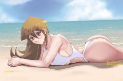 Rule 34 | 1girl, arm support, ass, beach, blonde hair, blue sky, blush, breasts, brown eyes, character name, cloud, cloudy sky, cowboy shot, curvy, hair between eyes, highres, horizon, huge ass, large breasts, long hair, looking at viewer, lying, on stomach, one-piece swimsuit, outdoors, own hands together, robertc4112, sand, shadow, sideboob, sky, smile, solo, swimsuit, tenjouin asuka, water, white one-piece swimsuit, yu-gi-oh!, yu-gi-oh! gx