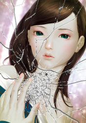 Rule 34 | 1girl, blush, broken mirror, brown hair, chester ocampo, face, female focus, gradient background, green eyes, lips, long hair, looking at viewer, mirror, nail polish, pale skin, reflection, solo, swept bangs