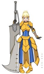 Rule 34 | 1girl, armor, armored dress, blonde hair, blue eyes, breastplate, breasts, crossover, darkness (konosuba), gloves, greatsword, hair between eyes, hair ornament, highres, holding, holding sword, holding weapon, huge weapon, j o n . e v e, kono subarashii sekai ni shukufuku wo!, long hair, looking at viewer, monster hunter, monster hunter: world, monster hunter (series), open mouth, ponytail, smile, solo, sword, weapon, x hair ornament