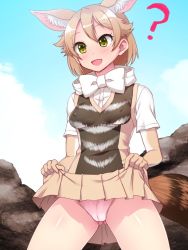 Rule 34 | 10s, 1girl, ?, animal ears, bad id, bad twitter id, black-backed jackal (kemono friends), blush, bow, bowtie, brown hair, commentary request, covered erect nipples, elbow gloves, extra ears, gloves, green eyes, highres, jackal ears, jackal tail, kemono friends, lifted by self, multicolored hair, open mouth, panties, pink panties, shirt, short hair, short sleeves, skirt, smile, solo, totokichi, underwear, white shirt