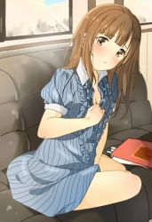 Rule 34 | 1girl, 216 zig, bead necklace, beads, between legs, blue dress, blush, breasts, brown eyes, brown hair, cleavage, commentary request, couch, dress, frills, hand between legs, hand on own chest, head tilt, highres, idolmaster, idolmaster cinderella girls, indoors, jewelry, long hair, looking at viewer, mizumoto yukari, necklace, notebook, on couch, parted lips, puffy short sleeves, puffy sleeves, short sleeves, sitting, small breasts, solo, thighs
