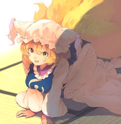 Rule 34 | 1girl, all fours, animal ears, animal hat, blonde hair, breasts, dress, eyelashes, fox ears, fox tail, frilled hat, frills, from above, hat, highres, indoors, japanese clothes, kitsune, kyuubi, light particles, long dress, long sleeves, medium breasts, mob cap, multiple tails, on floor, shade, solo, surumeri (baneiro), tabard, tail, tassel, tatami, touhou, white dress, white hat, wide sleeves, yakumo ran, yellow eyes