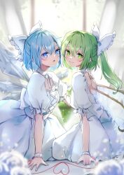 Rule 34 | 2girls, alternate costume, blue eyes, blue hair, blush, bow, cirno, closed mouth, cross-laced clothes, daiyousei, dress, fairy, frilled bow, frills, green eyes, green hair, hair between eyes, heart, heart of string, highres, ice, ice wings, long hair, looking at viewer, multiple girls, open mouth, puffy short sleeves, puffy sleeves, shironeko yuuki, short hair, short sleeves, side ponytail, smile, touhou, white dress, wings, wrist cuffs