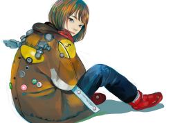 Rule 34 | 1girl, absurdres, bob cut, brown hair, button eyes, buttons, coat, denim, from behind, gloves, hand on own shoulder, high tops, highres, hood, hood down, jeans, junjunforever, looking at viewer, looking back, multicolored hair, orange eyes, original, pants, shoes, short hair, sitting, sneakers, solo, white background