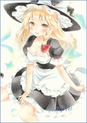 Rule 34 | 1girl, apron, bad id, bad pixiv id, blonde hair, blush, braid, breasts, cleavage, colored pencil (medium), frilled skirt, frills, hat, kirisame marisa, large breasts, long hair, looking at viewer, marker (medium), open mouth, potto, potto (minntochan), sample watermark, short sleeves, single braid, sitting, skirt, solo, star (symbol), touhou, traditional media, underbust, wariza, watermark, witch hat, yellow eyes