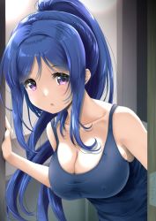 Rule 34 | 1girl, :o, black tank top, blue hair, blush, breasts, cleavage, collarbone, covered erect nipples, doorway, frapowa, hair between eyes, high ponytail, large breasts, long hair, looking at viewer, love live!, love live! sunshine!!, matsuura kanan, open mouth, opening door, ponytail, pov doorway, purple eyes, sidelocks, sleeveless, solo, tank top, upper body, | |