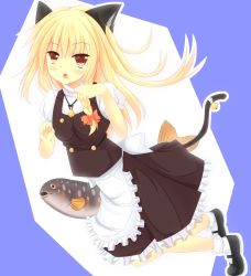 Rule 34 | 1girl, absurdres, animal ears, apron, bell, black footwear, black skirt, black vest, blonde hair, blue background, blush, bow, braid, brown eyes, cat ears, cat girl, cat tail, commentary request, cookie (touhou), fish, frilled apron, frilled skirt, frills, full body, hair bow, highres, jingle bell, kemonomimi mode, kirisame marisa, long hair, looking at viewer, mary janes, no headwear, open mouth, paw pose, puffy short sleeves, puffy sleeves, red bow, shirt, shoes, short sleeves, side braid, single braid, skirt, socks, solo, szk, tail, tail bell, tail ornament, touhou, turtleneck, two-tone background, uzuki (cookie), vest, waist apron, white apron, white background, white shirt, white socks