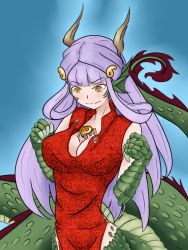 Rule 34 | 1girl, animal ears, animal hands, blush, breasts, bursting breasts, buttons, china dress, chinese clothes, claws, cleavage, dragon, dragon ears, dragon girl, dress, eastern dragon, fins, head fins, highres, horns, kenkou cross (publisher), large breasts, long hair, magatama, mithril (pixiv9140955), monster girl, monster girl encyclopedia, popped button, purple hair, ryuu (monster girl encyclopedia), scales, solo, tail, wardrobe malfunction, yellow eyes