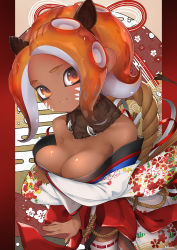 Rule 34 | 1girl, animal ears, artist name, bad id, bad pixiv id, bare shoulders, boar ears, breast hold, breasts, brown hairband, chinese zodiac, cleavage, closed mouth, commentary request, dark-skinned female, dark skin, facial mark, fake animal ears, fingernails, floral print, fur collar, hairband, head tilt, highres, japanese clothes, kashu (hizake), kimono, looking at viewer, medium breasts, monster girl, nengajou, new year, nintendo, octoling, octoling girl, octoling player character, off shoulder, orange eyes, orange hair, pointy ears, print kimono, ribbon-trimmed legwear, ribbon trim, rope, shimenawa, short hair, sidelocks, smile, solo, splatoon (series), splatoon 2, splatoon 2: octo expansion, suction cups, tentacle hair, thighhighs, whisker markings, white kimono, white thighhighs, wide sleeves, year of the pig