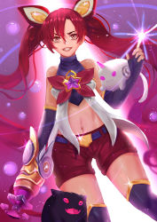 Rule 34 | 1girl, alternate costume, alternate hair color, alternate hairstyle, bare shoulders, belt, black gloves, black thighhighs, bow, elbow gloves, fingerless gloves, gloves, hair ornament, highres, jinx (league of legends), league of legends, lipstick, long hair, magical girl, makeup, red bow, red eyes, red hair, red lips, red neckwear, short shorts, shorts, solo, star guardian (league of legends), star guardian jinx, thighhighs, twintails, very long hair