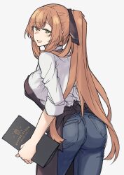Rule 34 | 1girl, apron, ass, breasts, commentary request, cowboy shot, denim, from behind, girls&#039; frontline, green eyes, grey background, highres, holding, holding menu, jeans, large breasts, long hair, looking at viewer, looking back, menu, nakiusagi, open mouth, pants, ponytail, shirt, sidelocks, simple background, sleeves rolled up, smile, solo, springfield (girls&#039; frontline), very long hair, white shirt