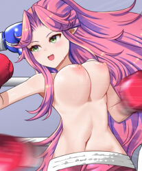 Rule 34 | 1girl, angela (seiken densetsu 3), artist request, bouncing breasts, boxing gloves, boxing ring, boxing shorts, breasts, collarbone, female focus, green eyes, hair intakes, large breasts, light blush, long hair, looking at another, lowres, navel, nipples, open mouth, parted bangs, pointy ears, purple hair, seiken densetsu, seiken densetsu 3, shorts, sidelocks, smile, solo, square enix, sweat, sweatdrop, tongue, topless, very long hair, wide hips