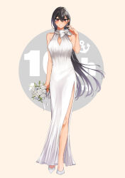 Rule 34 | 1girl, alternate costume, anchor symbol, anniversary, black hair, blush, bouquet, breasts, cleavage, dress, earrings, flower, full body, highres, holding, holding bouquet, holding flower, jewelry, kantai collection, large breasts, long hair, looking at viewer, machi (ritovoyage), nagato (kancolle), red eyes, side slit, simple background, sleeveless, sleeveless dress, solo, sparkle, standing, twitter username, very long hair, white dress, white flower