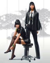 Rule 34 | 2girls, absurdres, black dress, black eyes, black footwear, black hair, black jacket, black neckwear, black pants, breasts, brown legwear, cigarette, closed mouth, collared shirt, commentary, crossed legs, dress, english commentary, formal, gradient background, grey background, guweiz, hand in pocket, highres, holding, holding cigarette, honeycomb (pattern), honeycomb background, jacket, long hair, long sleeves, looking at viewer, multiple girls, necktie, open clothes, open jacket, original, pants, shirt, shoes, short hair, short sleeves, sitting, sleeves past wrists, small breasts, standing, stool, suit, thighhighs, tie clip, tree, very long hair, white background, white shirt