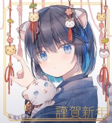Rule 34 | 1boy, animal, animal ears, bell, black hair, black kimono, blue eyes, blue hair, child, chinese zodiac, commentary request, expressionless, hair between eyes, highres, holding, holding animal, japanese clothes, kimono, looking at viewer, male focus, medium hair, multicolored hair, neck bell, nengajou, new year, original, partial commentary, pointing, streaked hair, teacup (chawan), tiger, tiger boy, tiger ears, year of the tiger