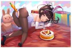 Rule 34 | 1girl, animal ears, birthday cake, black footwear, black pantyhose, borrowed character, box, breasts, bridal garter, brown eyes, brown hair, cake, carrot, crotchless, crotchless pantyhose, elbow gloves, food, fork, gift, gift box, gloves, hair ornament, happy birthday, highres, holding, holding fork, leotard, original, pantyhose, pasties, playboy bunny, ponytail, rabbit ears, rabbit tail, sechka, sexually suggestive, simple background, small breasts, smile, solo, stuffed animal, stuffed rabbit, stuffed toy, tail, torn clothes, torn pantyhose, white gloves, white leotard